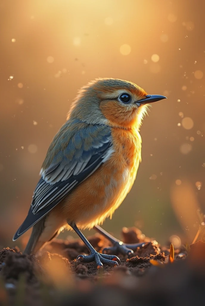 A mesmerizing close-up portrait of a gorgeous little bird illuminated by the soft, golden light of a tranquil morning, with vibrant bokeh balls gently framing its delicate form.