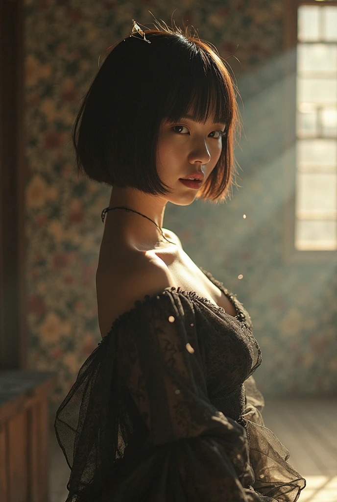 EDITORIAL PHOTOGRAPHY,  Super Detailed Backgrounds  ,Super Real, Shade,depth of field, perfect anatomy、Goddess Amenouzumenomikoto 、full body、cool beauty super slim skinny video, Soft Focus Sepia Tone ,movie scene,It was transparent,Wabi-sabi,Shioriness,looking at the camera、Nipples、Geometric model witch costume,is looking away at the female genitals,  Super Short Straight Bob Hairstyle ,Japanese Mythology Worldview 、natural light、Heaven Realm