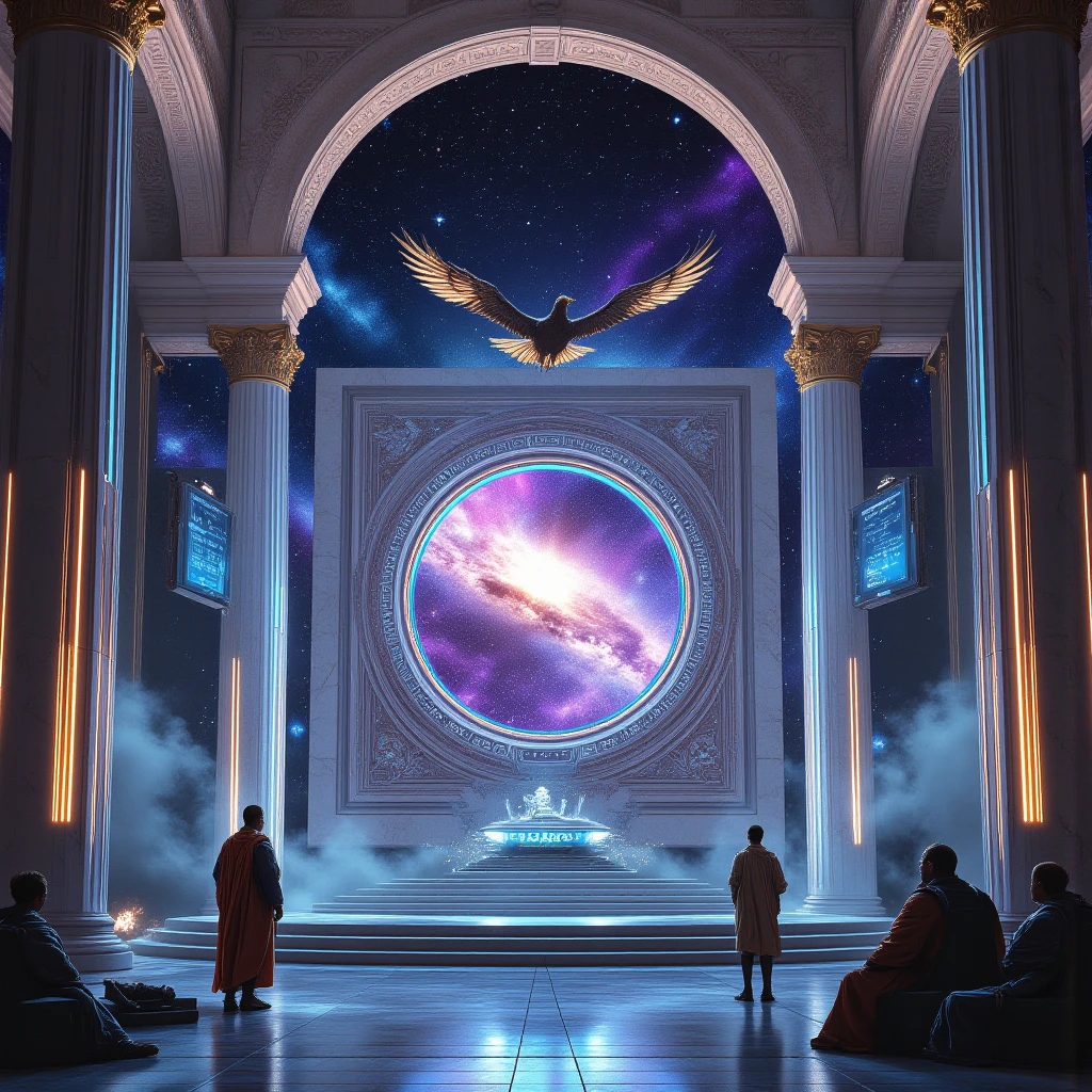 A grand fusion of ancient Roman architecture and futuristic design, featuring towering marble structures with intricate engravings, adorned with glowing high-tech accents. The scene is set in a vast plaza with colossal columns, arches, and floating platforms, blending classical elegance with sleek metallic and neon elements. At the center, a massive, ornate portal hums with energy, its frame carved with Roman motifs intertwined with advanced circuitry. Through the portal, a breathtaking cosmic vista unfolds—vibrant galaxies swirl in vivid hues of purple, blue, and gold, with distant stars and nebulae creating a mesmerizing contrast against the ancient yet futuristic surroundings. The atmosphere is majestic, with soft ambient light casting an ethereal glow, merging the past and future in a single awe-inspiring vision.
Hyper-detailed, cinematic lighting, ultra-realistic textures with a touch of surrealism.
Roman senators in cybernetic robes observing the portal, holographic displays floating nearby.
Flying drones shaped like Roman eagles patrolling the area.