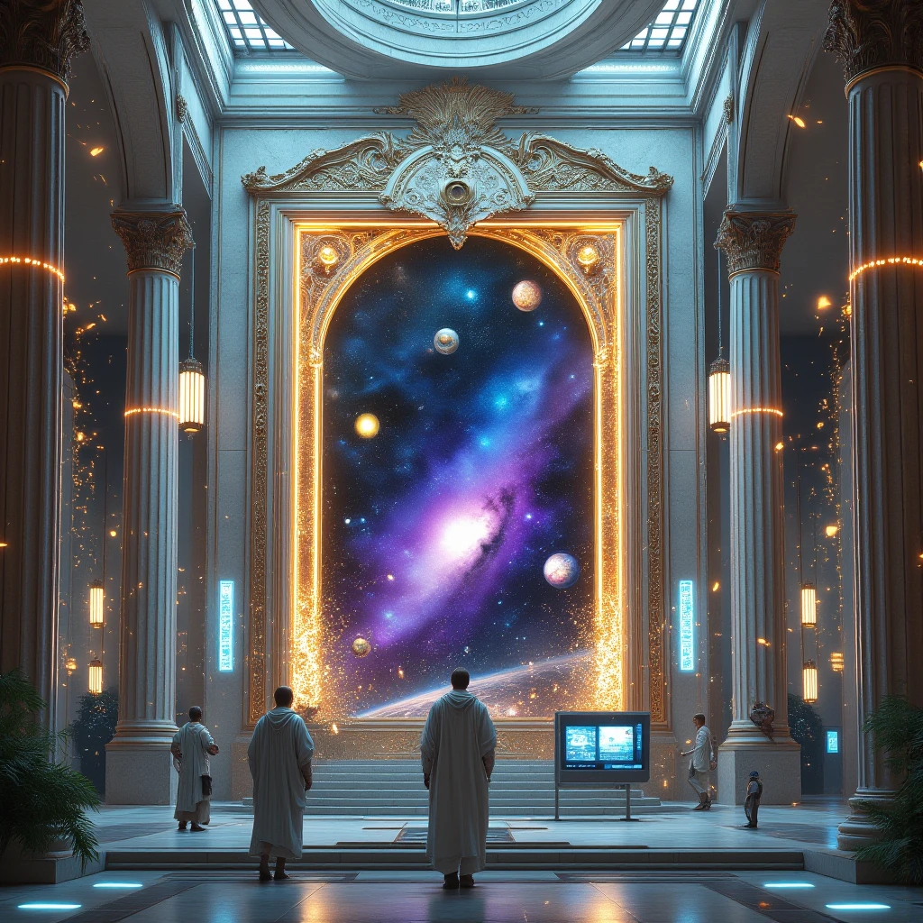 A grand fusion of ancient Roman architecture and futuristic design, featuring towering marble structures with intricate engravings, adorned with glowing high-tech accents. The scene is set in a vast plaza with colossal columns, arches, and floating platforms, blending classical elegance with sleek metallic and neon elements. At the center, a massive, ornate portal hums with energy, its frame carved with Roman motifs intertwined with advanced circuitry. Through the portal, a breathtaking cosmic vista unfolds—vibrant galaxies swirl in vivid hues of purple, blue, and gold, with distant stars and nebulae creating a mesmerizing contrast against the ancient yet futuristic surroundings. The atmosphere is majestic, with soft ambient light casting an ethereal glow, merging the past and future in a single awe-inspiring vision.
Hyper-detailed, cinematic lighting, ultra-realistic textures with a touch of surrealism.
Roman senators in cybernetic robes observing the portal, holographic displays floating nearby.
Flying drones shaped like Roman eagles patrolling the area.