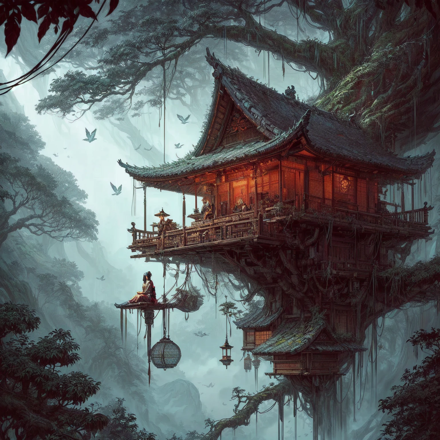 a painting of a woman sitting on a tree house in the middle of a forest, andreas rocha style, cyberpunk japanese temple, 4k highly detailed digital art, cyberpunk tree house, inspired by Andreas Rocha, detailed fantasy digital art, 4k fantasy art, detailed digital 2d fantasy art, kerem beyit, japanese fantasy, highly detailed fantasy art
