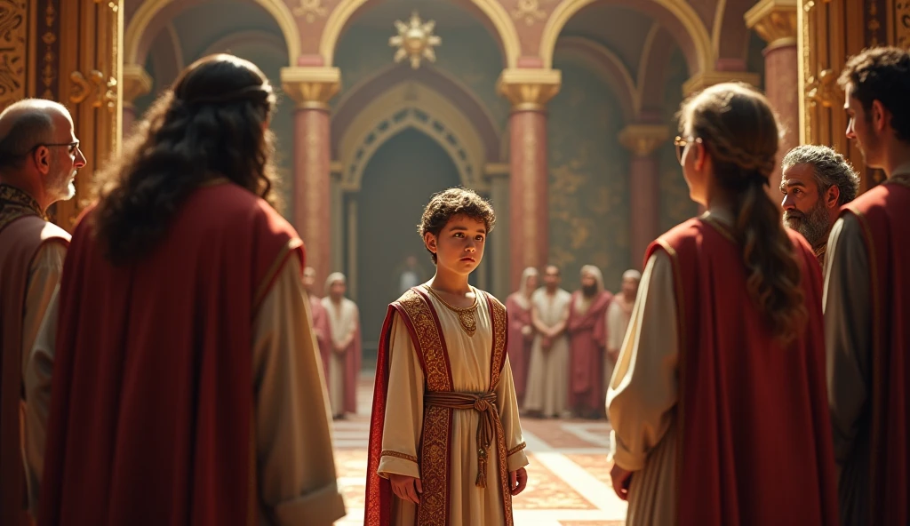 a photo of a  in the middle of a palace surrounded by adults, Is this  the future King Solomon biblical character, Maintain the characteristics of the season for scenery and clothes