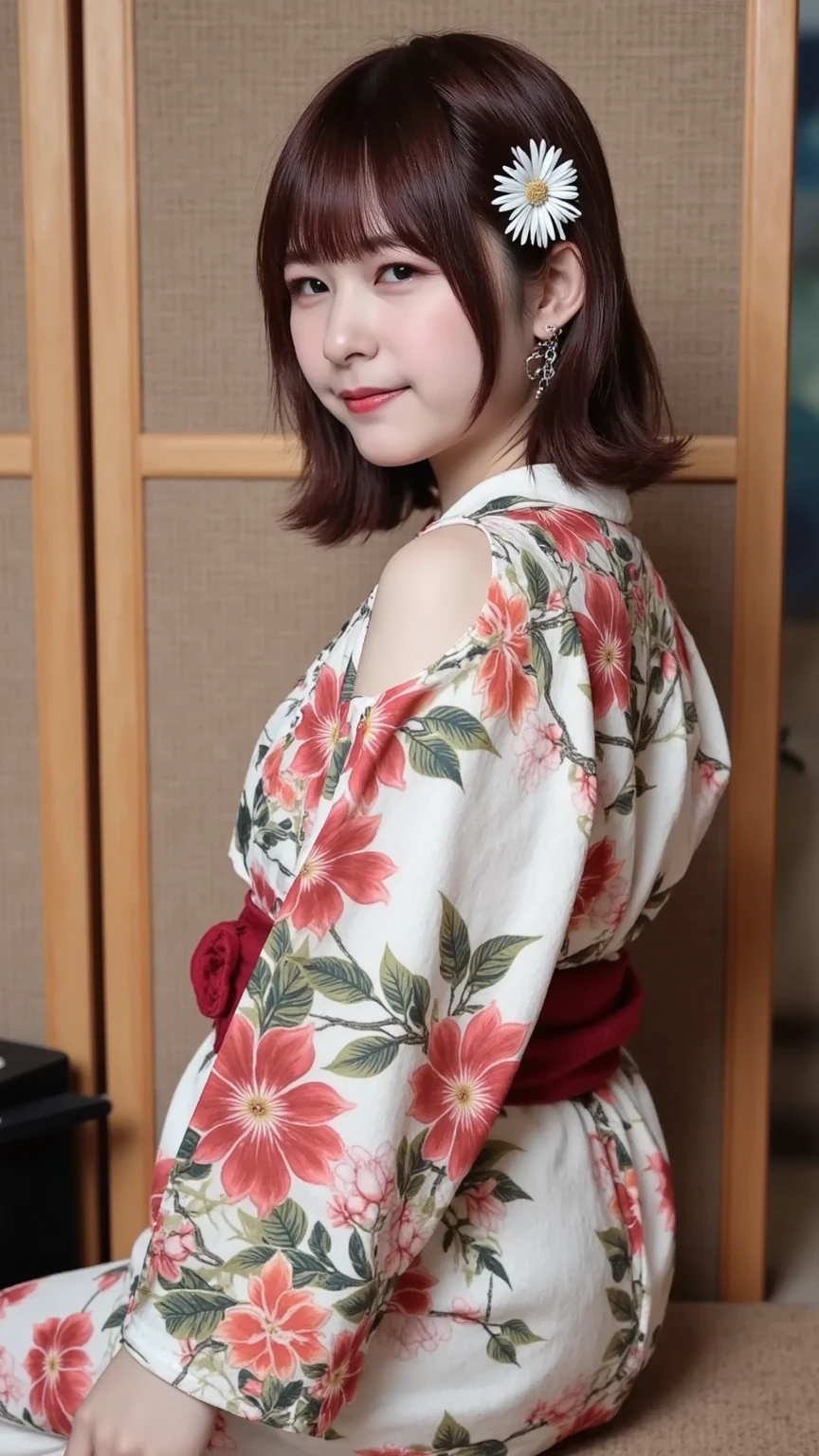masterpiece,highest quality,wonderful,(Mature Woman:1),(Mature Woman:1.3), (50歳のMature Woman.1.3)(((Very large)))、(((Big big boobs)))、(((Big big cleavage)))、{Japanese countryside(Rice field footpath)}、Cute Smile、Well-tanned skin、Delicate and precise skin texture、(Plump figure)、disheveled brown hair、Japanese women、(Big Ass)、Thick thighs、Bright red lips、Thick upper arms、Wearing an old yukata with a sober color、Wearing a yukata、