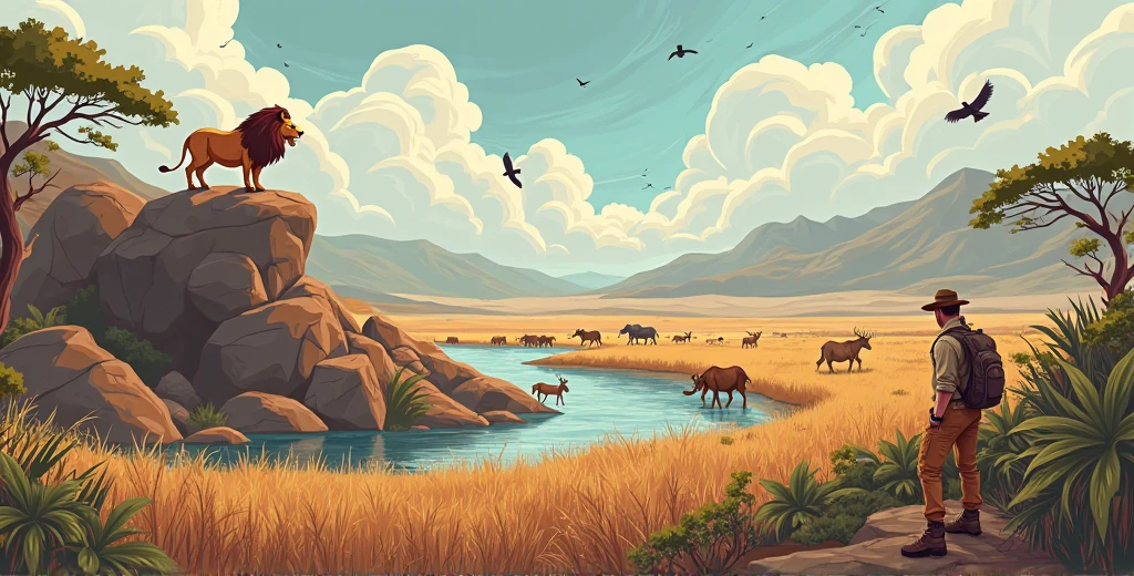{Wide-angle cartoon illustration}, {distant panoramic shot} of a rugged, untamed savanna near a wild, winding river with rocky banks, featuring diverse wildlife across the vast terrain. A roaring lion stands majestically atop a jagged rock formation, a herd of elephants trudges through tall dry grass, antlered deer leap through dense underbrush, and a free galloping horse runs near the river’s edge. Birds of prey soar in the dramatic sky, their dark silhouettes contrasting swirling clouds. In the distance, a rugged zoologist in {khaki safari shirt, torn cargo pants, hiking boots, wide-brimmed hat} crouches behind a bush, binoculars around neck, small worn backpack beside them. Background: {gnarled trees, thorny bushes, distant rugged mountains}, all under a wild, cloud-filled sky. {Smooth, clean lines}, {earthy, harmonious color palette}, {stylized proportions}, flat design with {subtle depth via layering}. 
Style: {cartoon landscape}, {studio Ghibli inspired}, {Don Bluth influence}, {adventure storybook vibe}, crisp outlines, simplified details. 
Lighting: {warm, golden hour tones}, ambient sunlight from the side. 
Camera: {ultra-wide shot}, {distant observer perspective}. 
Resolution: {high-detail 4K}, {vector clarity}, {vibrant saturation}, {crisp edges}.
