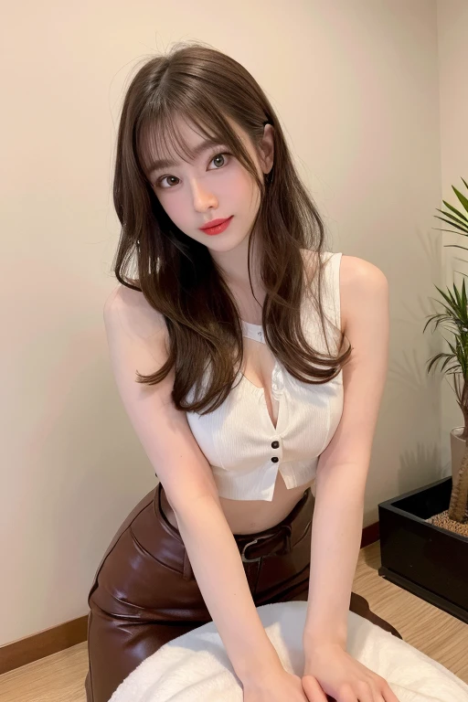 ((((masterpiece, Best Quality, High resolution, extremely detailed 8K, Ultra HD, Ultra-detailed, Highly detailed, Highly realistic, Ultra-realistic, photos realistic))))
(Model: One beautiful asian young girl:1.5, slim body, beautiful detailed large eyes, beautiful detailed face:1.5, beautiful fingers, through shirt:1.0, deeply-tanned skin:1.4), (Hair: curly semi-long hair with dynamicpose, bangs), (Wearing: collared white croptop shirt, short plaid mini-skirt, choker collar),(Situation:facing at camera, slight smile, spreading her legs towards camera, bed, hotel room)