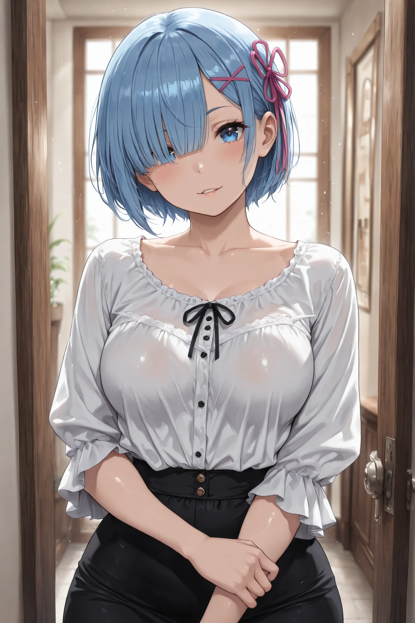 ((1girl, solo)), (penny),, ((looking at viewer)), blush, <lora:penny-10:1>,
solo, 1girl, short hair, single bare shoulder shirt long, naked shirt, bottomless, standing, arms behind back, smile, looking at viewer, upper body, cowboy shot, bedroom, house, indoors,<lora:Single bare shoulder shirt:1>,((erect nipples,pokies):0.6),
