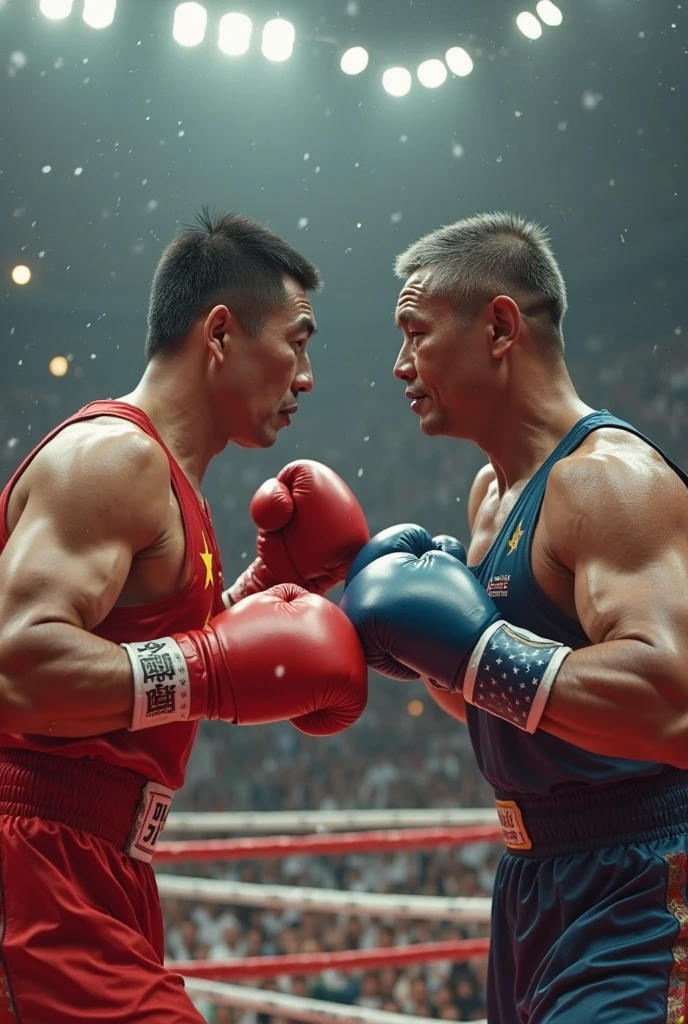 (photorealism:1.2), Putin fighting with biden on boxing ring, crawd around, fire, thousands of viewers, f-16 and FPV drones in the air