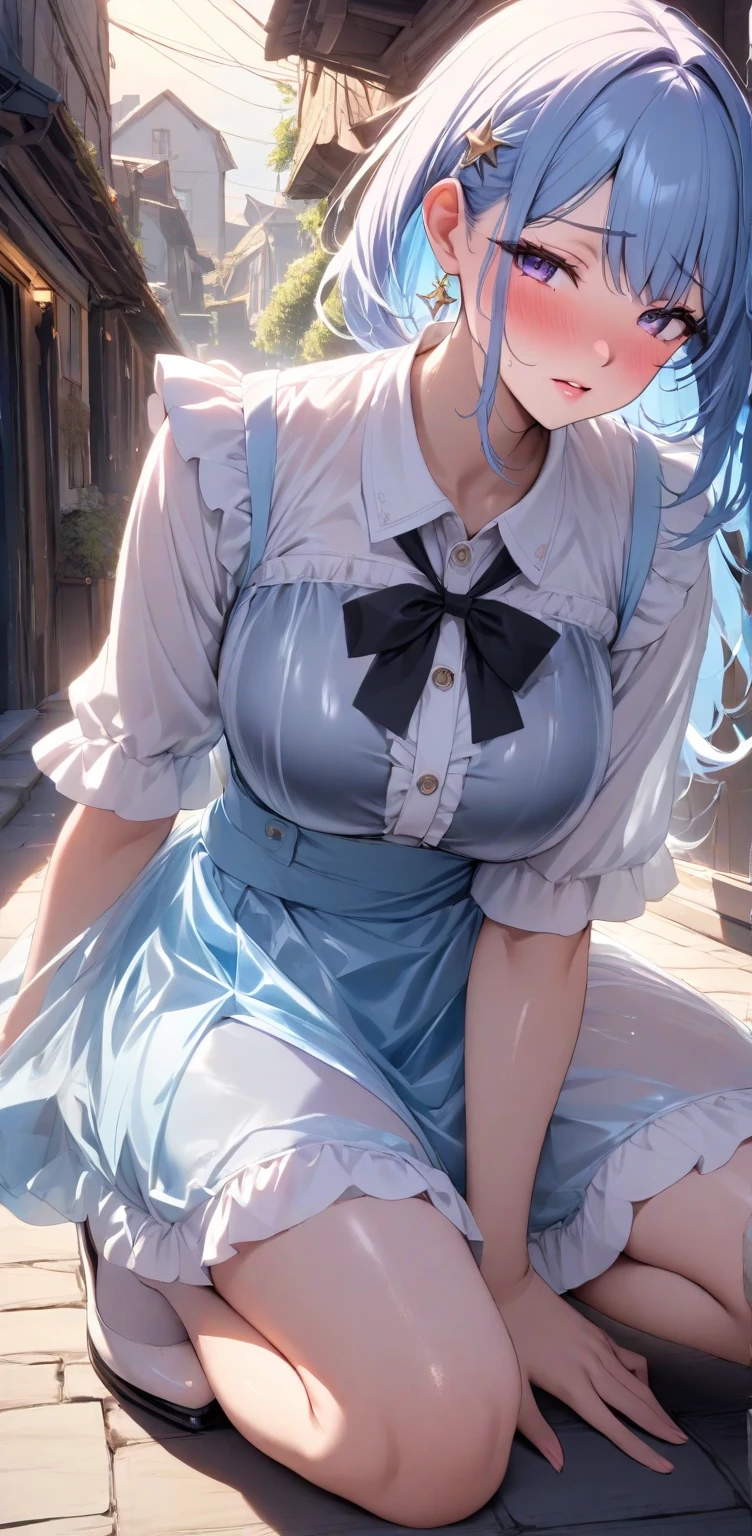 (Masterpiece, BestQuality:1.3), (ultra detailed:1.2), (hyperrealistic:1.3), (RAW photo:1.2), High detail RAW color photo, professional photograph, (Photorealistic:1.4), (realistic:1.4), professional lighting, perfect anatomy, (Big Breasts:1.2), (blush, detailed face), (cheerful Smile:1.5), (Blue Hair:1.5), Trending Hair&Trending Hairカラーをランダムに, earrings, necklace, bracelet, sexly, erotic sexly, Random sexy gravure poses, (A woman wearing a white blouse and tight skirt is standing by the window in the office、Show a sexy look。With a ponytail hairstyle、One hand on the desk。: 1.3)