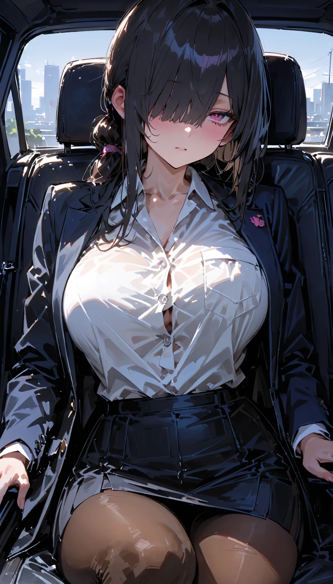 (((((25 years old, ))))), (((((black business suit))))), driving seat、(((drive a car)))masterpiece, (from directly below), ((((big breasts)))), ((((big hips)))),((((((sexy pose)))))), (((orgasm))), Vulgarity, (very tanned and shiny skin), (skin dents), photorealistic, realistic, alone, photorealistic, highest quality, ultra high resolution, Yura S, Inside the car、colorful, parted lips, Daytime setting, beautiful, masterpiece, highest quality, highly detailed face, perfect lighting, ultra high resolution, Super detailed 、