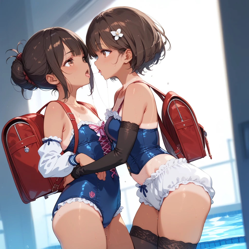 2 girl in red bra and red pant. Show her nipples. She is standing on swimming pool.