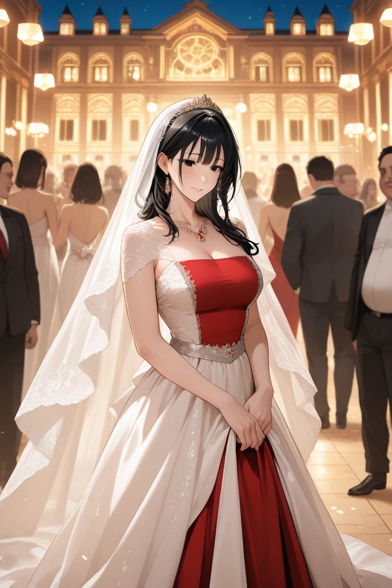 Girl in long red dress , smiling and staying still , looking at the viewer , behind  a crowd that are dancing in a wedding , short  black hair , red brown eyes small silver necklace , 4k , white and green wedding , people dancing , masterpiece, great details,  best quality,  ultra-detailed. 