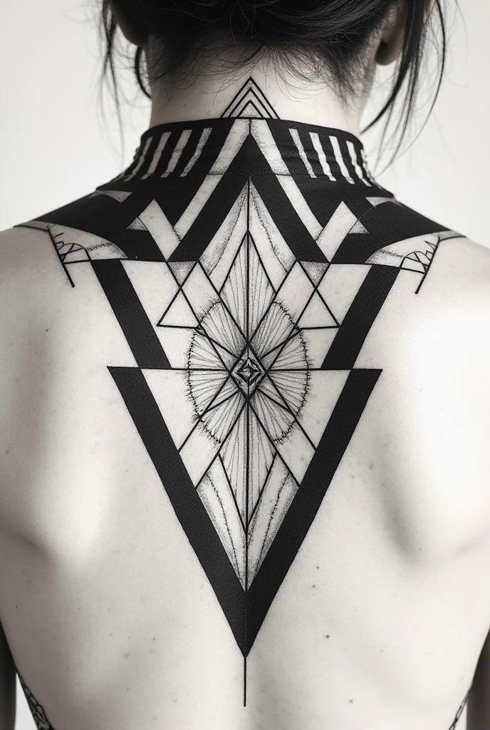 Tatouages en fines lignes noires et blanches dans le dos, représentation très détaillé des mystères de la physique quantique, masterpiece
