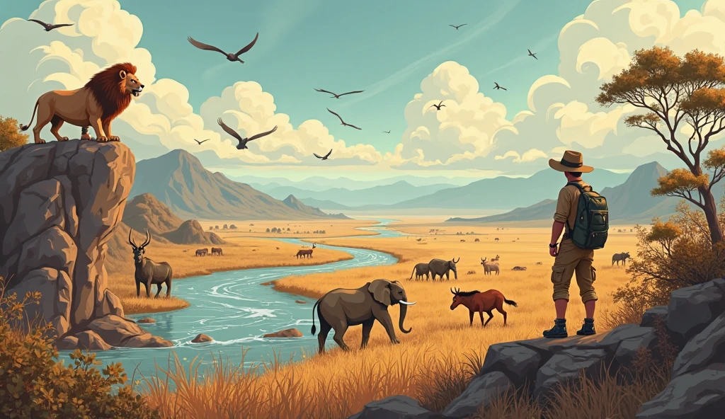 {Wide-angle cartoon illustration}, {distant panoramic shot} of a rugged, untamed savanna near a wild, winding river with rocky banks, featuring diverse wildlife across the vast terrain. A roaring lion stands majestically atop a jagged rock formation, a herd of elephants trudges through tall dry grass, antlered deer leap through dense underbrush, and a free galloping horse runs near the river’s edge. Birds of prey soar in the dramatic sky, their dark silhouettes contrasting swirling clouds. In the distance, a rugged zoologist in {khaki safari shirt, torn cargo pants, hiking boots, wide-brimmed hat} crouches behind a bush, binoculars around neck, small worn backpack beside them. Background: {gnarled trees, thorny bushes, distant rugged mountains}, all under a wild, cloud-filled sky. {Smooth, clean lines}, {earthy, harmonious color palette}, {stylized proportions}, flat design with {subtle depth via layering}. 
Style: {cartoon landscape}, {studio Ghibli inspired}, {Don Bluth influence}, {adventure storybook vibe}, crisp outlines, simplified details. 
Lighting: {warm, golden hour tones}, ambient sunlight from the side. 
Camera: {ultra-wide shot}, {distant observer perspective}. 
Resolution: {high-detail 4K}, {vector clarity}, {vibrant saturation}, {crisp edges}.
