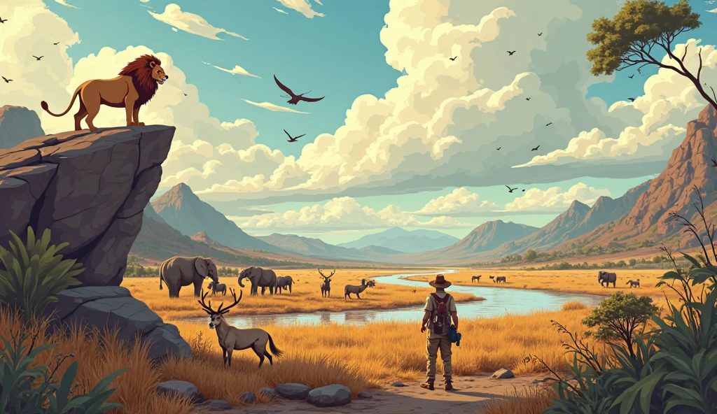 {Wide-angle cartoon illustration}, {distant panoramic shot} of a rugged, untamed savanna near a wild, winding river with rocky banks, featuring diverse wildlife across the vast terrain. A roaring lion stands majestically atop a jagged rock formation, a herd of elephants trudges through tall dry grass, antlered deer leap through dense underbrush, and a free galloping horse runs near the river’s edge. Birds of prey soar in the dramatic sky, their dark silhouettes contrasting swirling clouds. In the distance, a rugged zoologist in {khaki safari shirt, torn cargo pants, hiking boots, wide-brimmed hat} crouches behind a bush, binoculars around neck, small worn backpack beside them. Background: {gnarled trees, thorny bushes, distant rugged mountains}, all under a wild, cloud-filled sky. {Smooth, clean lines}, {earthy, harmonious color palette}, {stylized proportions}, flat design with {subtle depth via layering}. 
Style: {cartoon landscape}, {studio Ghibli inspired}, {Don Bluth influence}, {adventure storybook vibe}, crisp outlines, simplified details. 
Lighting: {warm, golden hour tones}, ambient sunlight from the side. 
Camera: {ultra-wide shot}, {distant observer perspective}. 
Resolution: {high-detail 4K}, {vector clarity}, {vibrant saturation}, {crisp edges}.
