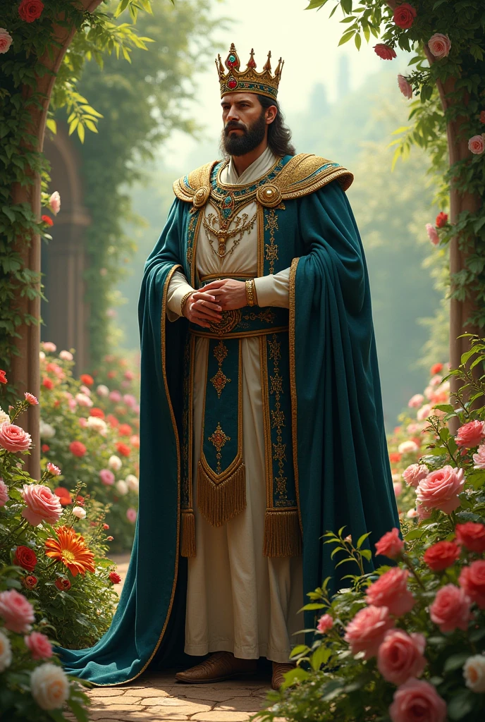 King David Jovenn in his garden with many flowers
