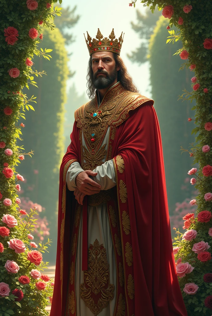 King David Jovenn in his garden with many flowers