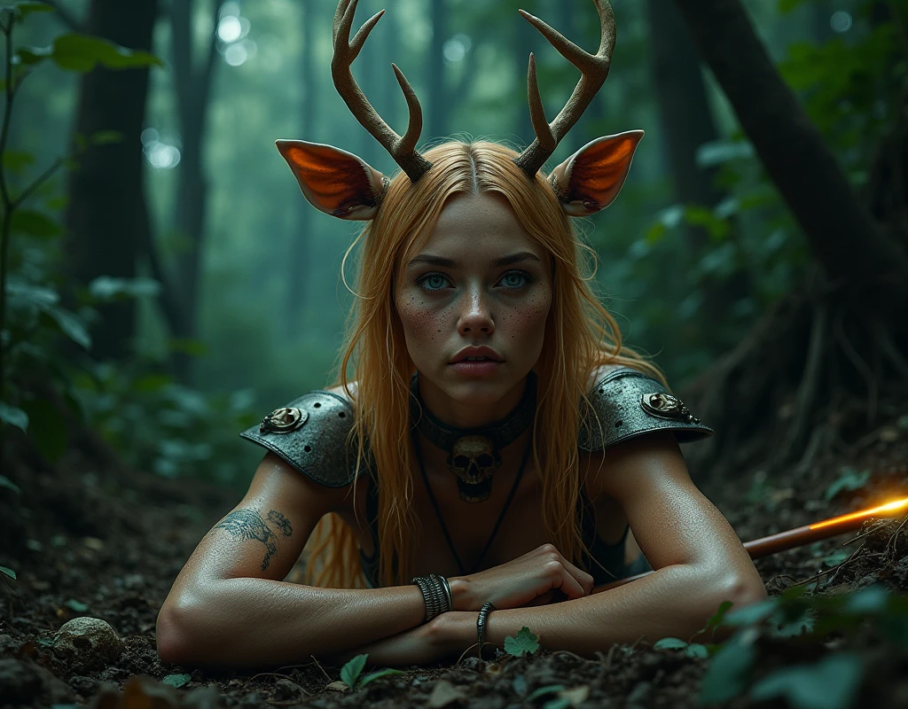 (Photorealism: 1.2) (((sharp and detailed eyes clear))((( full body in image ))) ((large freckles on the face and entire body)) furry deer-girl bambi look at me, looking spectator, two big horns coiled girl 19 years old ((lying on your elbows on the floor,body side view, (((very long hair blonde and with orange locks))) ,night very darkness, on the shadows and light passing through the foliage jungle lighting body , eyes blue sky clear, masterpiece, highest quality, shoulder pads with engraved skull , ???????, body very wet, long spear She is armed with a long spear illuminated with laser flashes lighting biospear with skull embedded in the tip, curves, ???????????, shiny skin , steel choker, wide ???? , thick thighs, toned pelvis, toned ????, milky ????, muscles, big biceps, thigh muscles.