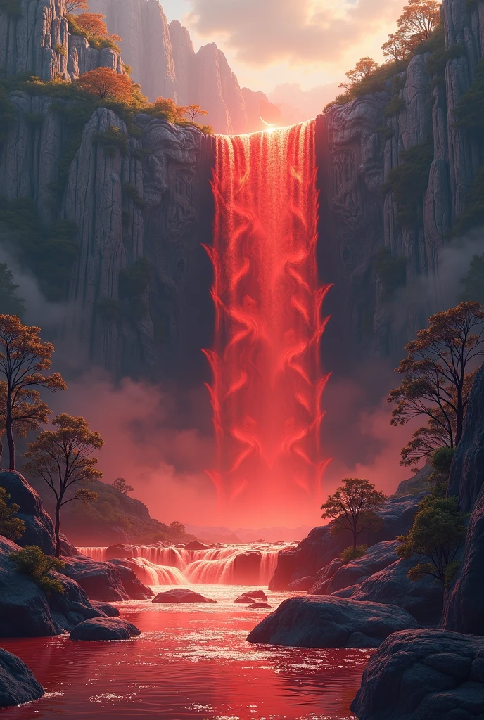 A red falling waterfall similar to a forex chart and a moon in corner side of picture