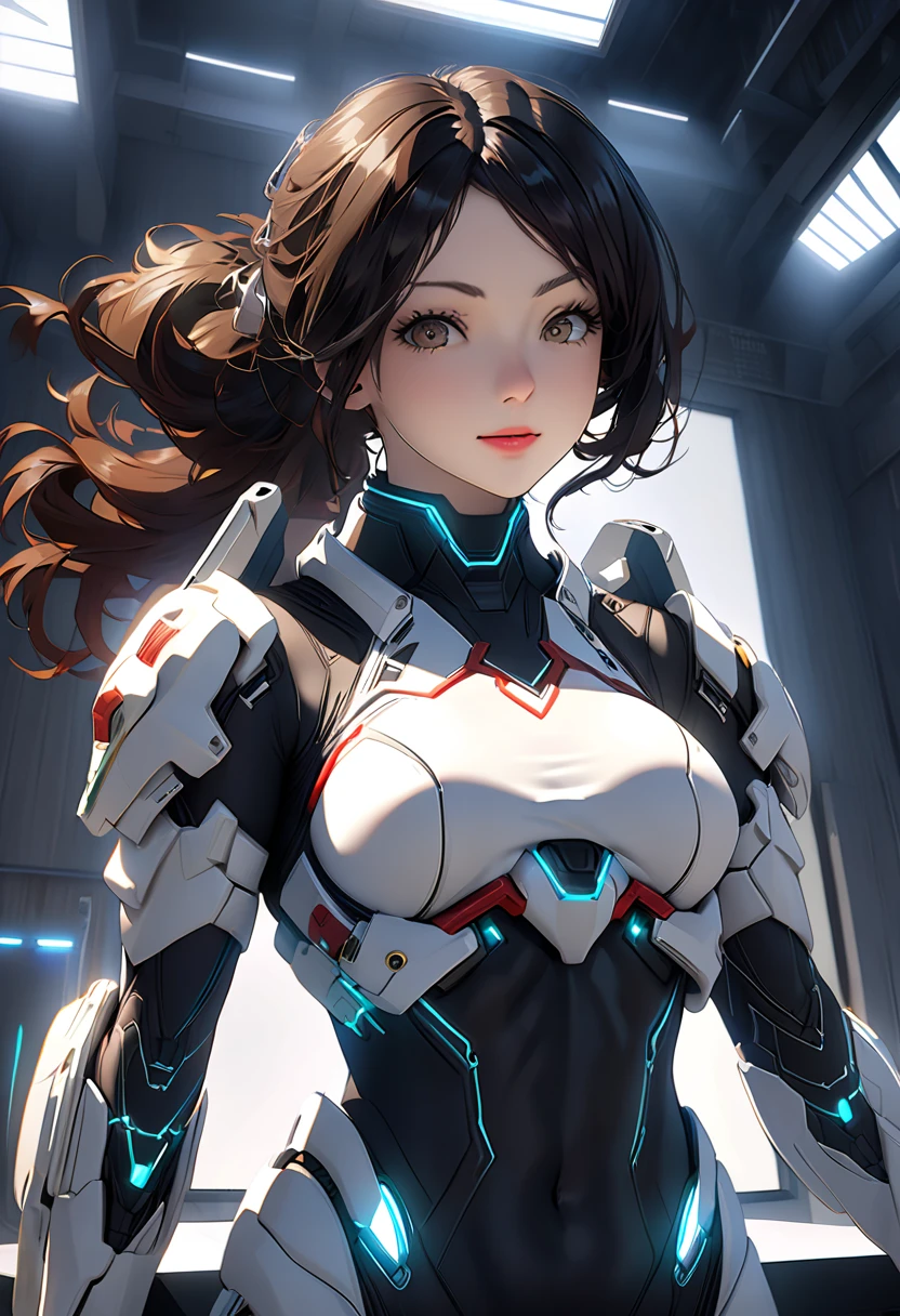 (upper body), (realistic, [anime]), (3D:0.3), dramatic lighting, ((masterpiece)),(quality),(high resolution),  tall lady voidstar , [[Overhanging body with hidden abs ]], ((X-Ray Power Armor|  with lines| Armor) Mechanical Arm),  simple backgroundシーン {x} Long Black Hair Undercut, [Evil Smile], small breasts,  Navel, eyeliner,  eyelashes, perfect face, Beautiful Nose, Detailed Pupils, Beautiful Eyes, detailed eyes, brown eyes in the oral , Perfect Lips, A-pose on MONITOR, simple background, [My Hero Academia], (set:1) ,  