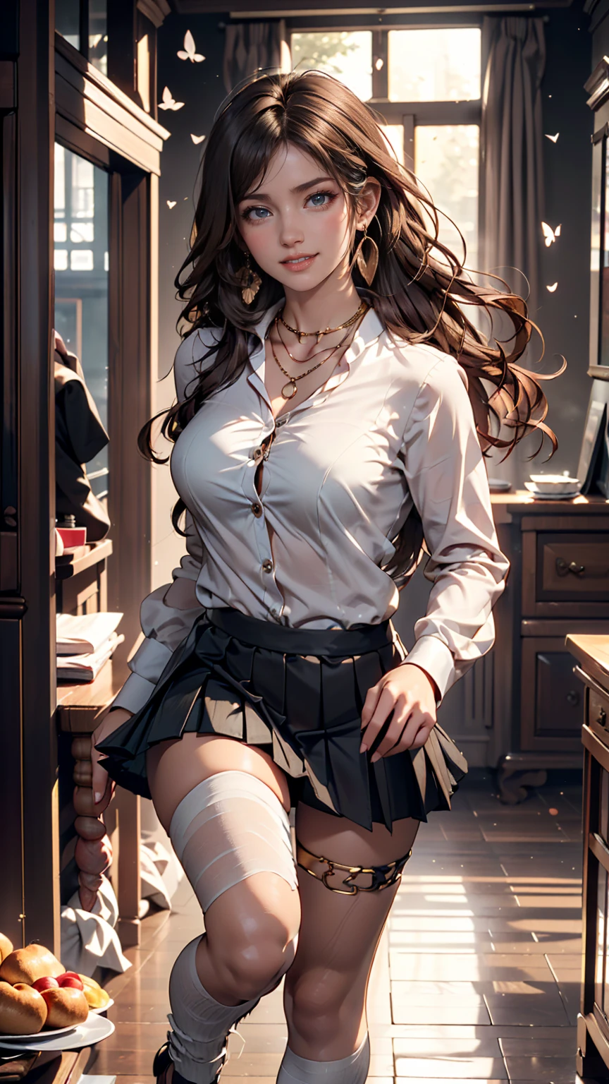 (bestquality, high-res, masterpiece :1.3), A tall and pretty woman, Slender abs, Dark brown hair styled in loose waves, breasts, White button up shirt, Black pleated skirt, (Medieval architecture in the background), Details exquisitely rendered in the face and skin texture, detailed eyes, fantasy