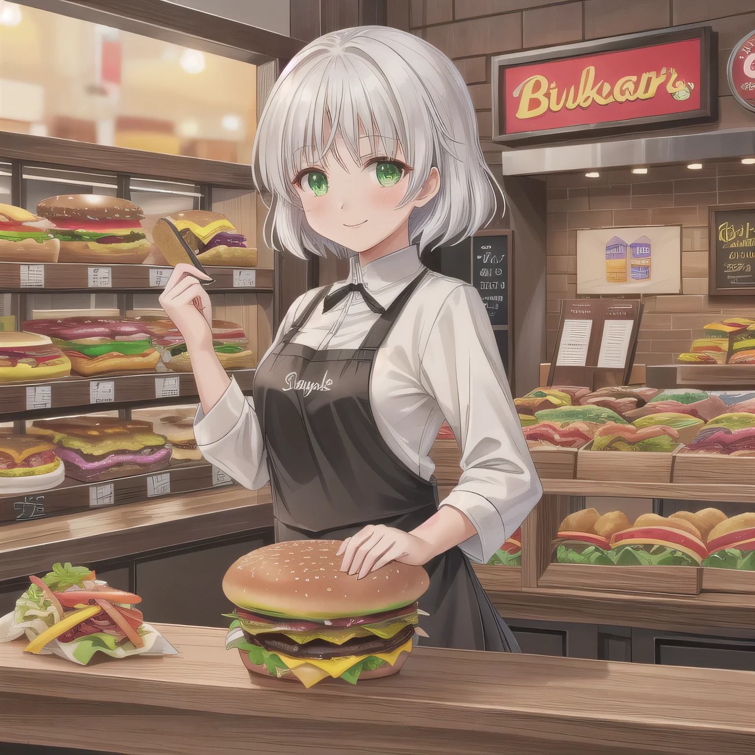 She is a cheerful girl working behind the counter at a cozy burger shop. She is wearing a cute burger shop uniform and smiling warmly at the customers. The background shows a bright and clean fast food counter with menu boards. White hair, short hair, green eyes.