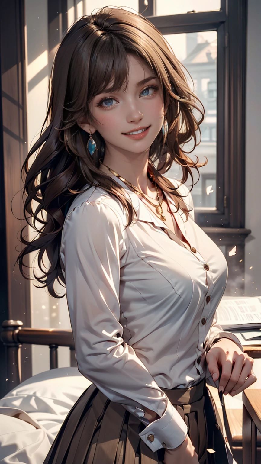 masterpiece, top quality, Photorealistic, ultra detail, Precise Details, high resolution,  8k Wallpaper, 1 beautiful woman,, light brown disheveled hair, business suits, sharp concentration, perfect dynamic composition, beautiful detailed eyes, detailed hair, exquisite realistic skin texture, smile, close-up portrait,  model body type with exposed chiku 、((very long brown hair:1.2))、(( loose wavy hair :1.2)),((はにかんだsmile:1.3)),((gold necklace＿big earrings that make you laugh:1.2)), full body shot 、(((Full-body supermodel standing,  full body shot ,   show my whole body ))),((White Long Sleeve Button Up Blouse_ with collar_Delete up to the second button＿ brown pleated mini skirt :1.3)),((smileで_is running towards here_ Long Hair Fluttering :1.3))