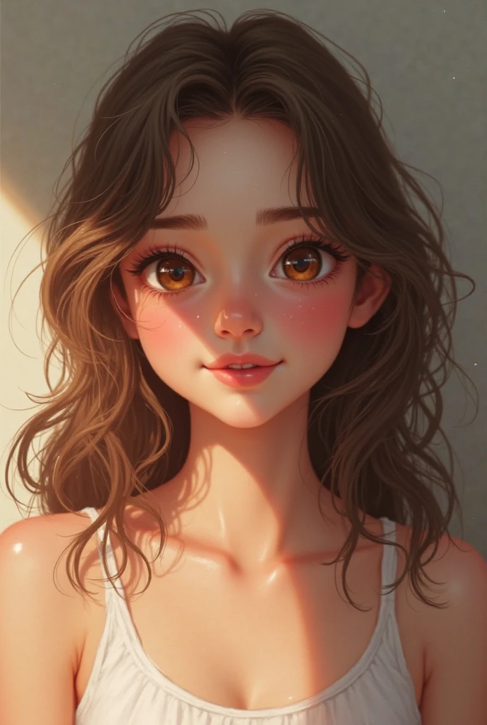 Create a light skinned girl, light brown curly hair, curvy build and 1 meter tall.58, mixed facial features between Japanese and Mexican