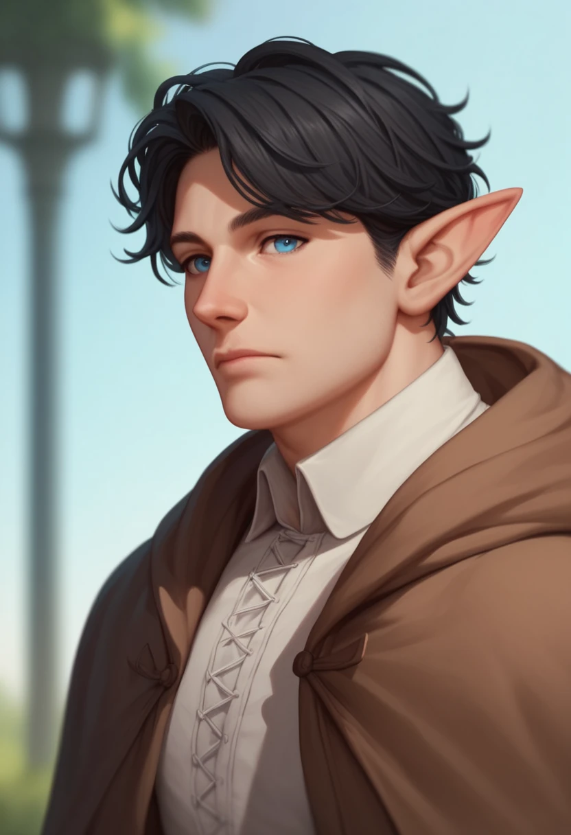 Masterpiece, best quality, high quality, highest quality, extremely detailed, 1man, one man, solo, adult man, grown man, mature man, short black hair, flowing hair, blue eyes, perfect eyes, closed mouth, brown hooded cloak over medieval clothes, plain background, blurry background, elf ears