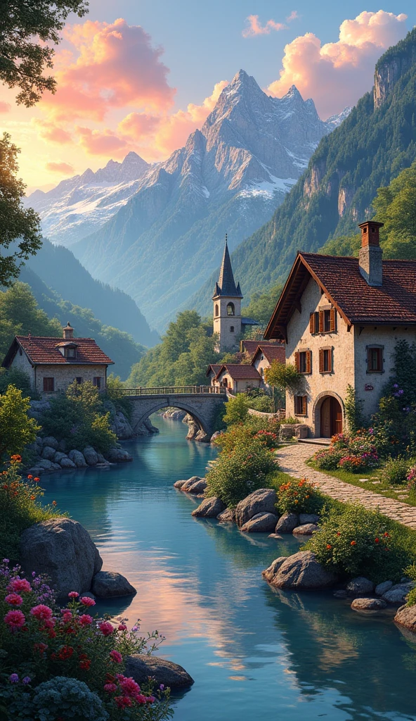 A small village by the river, mountains in the background, colorful flowers, detailed landscape style, beautiful natural scenery, atmospheric lighting,  scorching sunset ,  warm colors, practical, photographic, detailed foliage, complex buildings , cobblestone street, charming country house, vibrant colors, lush vegetation, reflections in the water, pitoresco, idyllic, work of art, Best Quality, 8k, extremely detailed, anime style