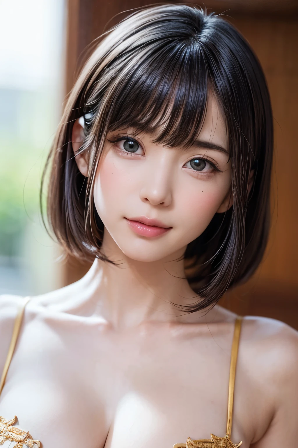 ((masterpiece, Highest quality, High resolution、Realisticですべてが美しく詳細に描かれている)), 1 person, (Realistic: 1.4), alone, White Background, snow-White Background, Mouth closed, smile, smile, Beautiful black hair, short hair, Big eyes, Transparent double eyelids, eyelash, Listen carefully, Long neck, 美しくLong neck, Absolute area, ((Face close-up)), (Draw the whole head, shoulder), 19 years old, Attractive proportions, Glowing Skin, Beautiful clavicle, Golden ratio face, Perfect Face, Teardrop-shaped mole, chestのほくろ, bangs, clean bangs, beautiful bangs, Lip gloss, Thin lips, Fair skin, naked, Big Breasts, {Huge|big|Hugeな|Mega} chest:2, chestの谷間:2,chestの谷間を見せる、Small face, Small face, All the heads are painted, shoulder all drawn, Point slightly above the camera