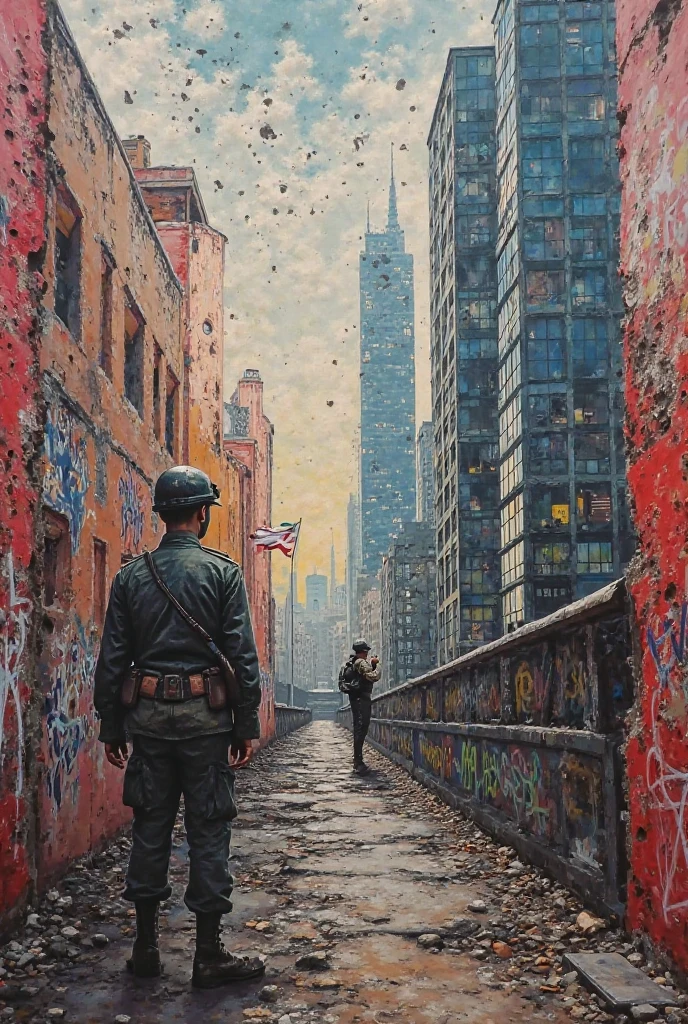 generate a non-existent street art showing the time of the Old World War and modern times in Warsaw