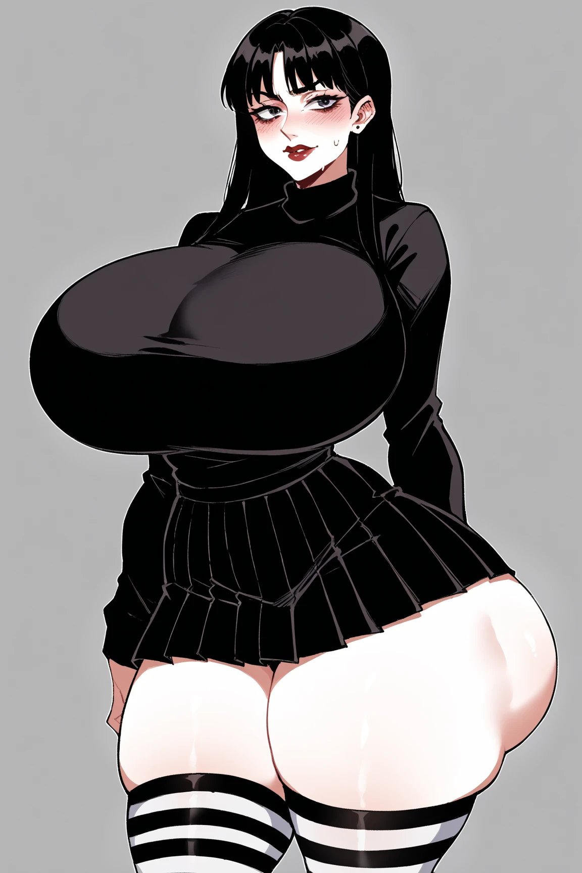 Elvira, masterpiece quality, (masterpiece quality:1.3), detailed, realistic, (realistic:1.3), black hair, beehive haircut, in a castle dungeon, magic potions in background, wearing black dress, big breasts, (big breasts:1.5), vore belly, (vore belly:1.3), thin body,