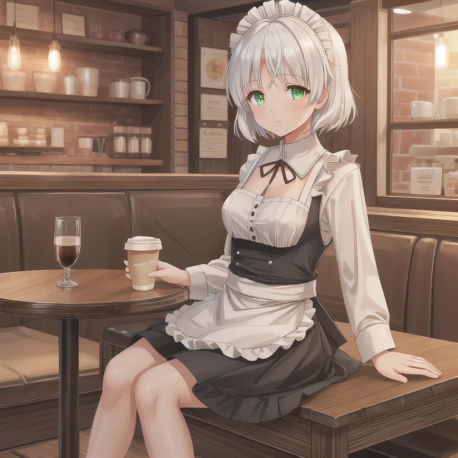 A girl is working as a waitress in a cozy cafe. She's wearing a classic maid outfit. The air feels warm and calm, and it's like you can almost smell the coffee through the picture.  White hair, short hair, green eyes.