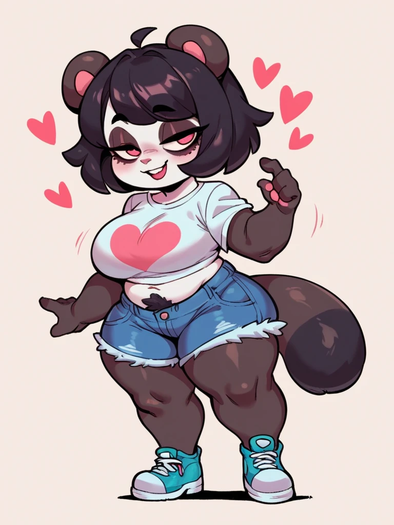 masterpiece, best quality, Unexpressive, 1girl, anthro, furry, fur, fluffy fur, kenny \(kenashcorp\), (panda, panda girl), furry, panda ears, animal nose, black fur, white fur, eyes makeup, black eyes, panda tail, heart ahoge, cheek heart, black arms, black legs, black hair, medium hair, blue eyes, half-closed eyes, medium breasts, solo, (night), detailed), cute grin, blush, spread legs, crouching, NSFW, pussy, , low angle view, worm's eye view