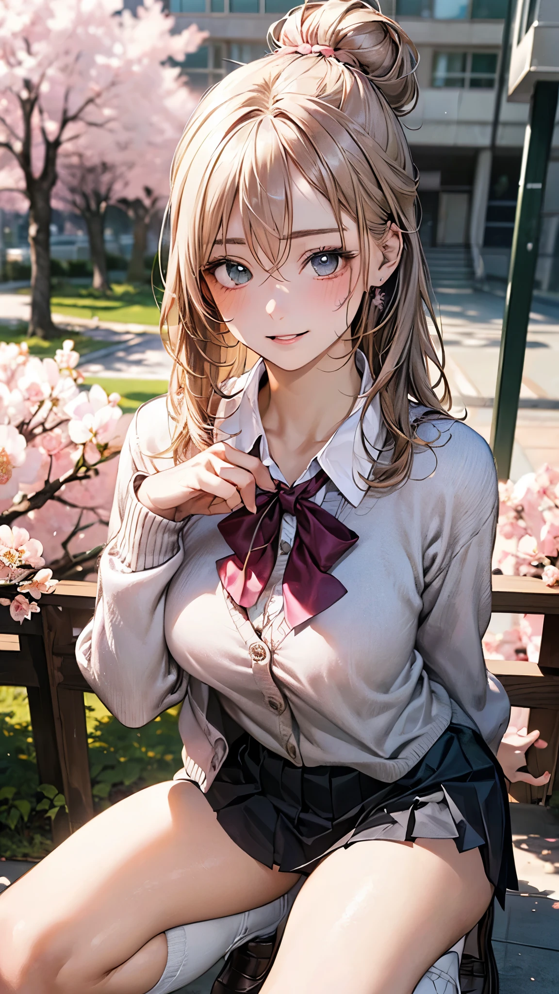 (masterpiece:1.3, top-quality, ultra high res, ultra detailed), (realistic, photorealistic:1.4), beautiful illustration, perfect lighting, colorful, depth of fields, 
beautiful detailed hair, beautiful detailed face, beautiful detailed eyes, beautiful clavicle, beautiful body, beautiful chest, beautiful thigh, beautiful legs, beautiful fingers, 
looking at viewer, 1 girl, japanese, high school girl, perfect face, (perfect anatomy, anatomically correct), cute and symmetrical face, babyface, , shiny skin, 
(middle hair:1.5, topknot, loose hair, blonde hair), hair between eyes, dark green eyes, drooping eyes, big eyes, long eye lasher, (medium breasts), slender, 
((navy blazer, collared white shirt, navt pleated skirt)), dark red bow tie, piercing, hair scrunchie, 
(beautiful scenery), evening, (park), squatting, (lovely smile, upper eyes, open mouth), 