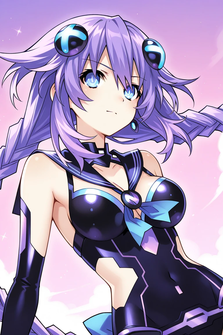 <lora:Harada_Takehito_Background_Dim32:0.8>,((masterpiece,best quality)), absurdres, <lora:Dark_Eclair_Anime:0.8>, Dark_Eclair, black leotard, ahoge, bare shoulders, maid headdress, long purple hair, solo, smiling, looking at viewer, cowboy shot, hand on hip,