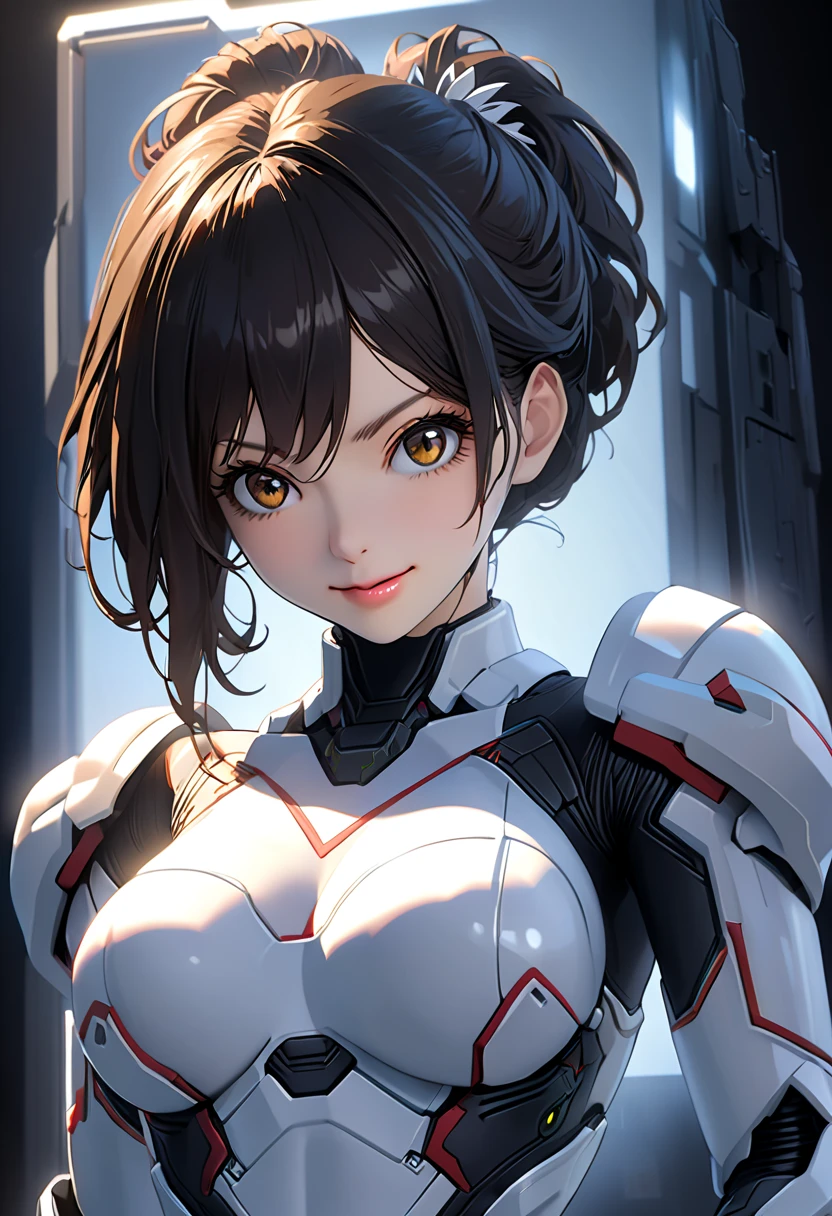 (upper body), (realistic, [anime]), (3D:0.3), dramatic lighting, ((masterpiece)),(quality),(high resolution),  tall lady voidstar , [[Overhanging body with hidden abs ]], ((X-Ray Power Armor| ???????? with lines|??????????? Armor) Mechanical Arm), simple backgroundシーン {x} Long Black Hair Undercut, [Evil Smile], small ???????, Exposed Navel, eyeliner,  eyelashes, perfect face, Beautiful Nose, Detailed Pupils, Beautiful Eyes, detailed eyes, brown eyes in the oral ??????, Perfect Lips, A-pose on MONITOR, simple background, [My Hero Academia], (set:1) ,