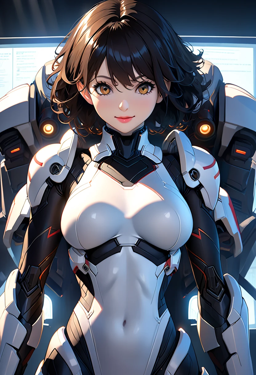 adult woman, very messy brown hair, grey armor suit, brown eyes, glowing suit