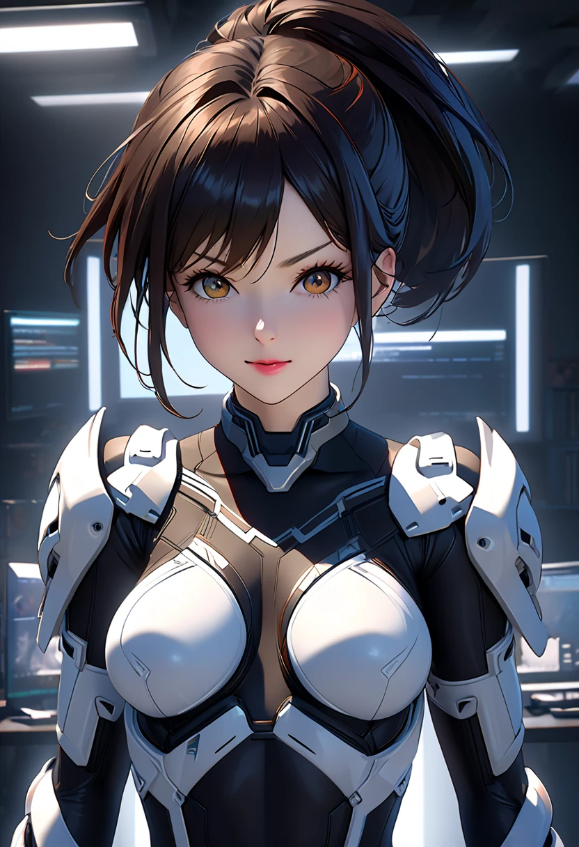 (upper body), (realistic, [anime]), (3D:0.3), dramatic lighting, ((masterpiece)),(quality),(high resolution),  tall lady voidstar , [[Overhanging body with hidden abs ]], ((X-Ray Power Armor| bodysuit with lines|White Power Armor) Mechanical Arm), simple backgroundシーン {x} Long Black Hair Undercut, [Evil Smile], small breasts, Exposed Navel, eyeliner,  eyelashes, perfect face, Beautiful Nose, Detailed Pupils, Beautiful Eyes, detailed eyes, brown eyes in the oral vagina, Perfect Lips, A-pose on MONITOR, simple background, [My Hero Academia], (set:1) ,