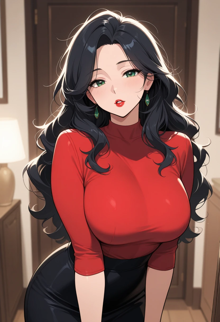 masterpiece, best quality, black hair, glasses, necklace, earrings, red sweater, turtleneck, labcoat, black miniskirt, large breasts, upper body, looking at viewer, doctor's office, smile, mischievous,