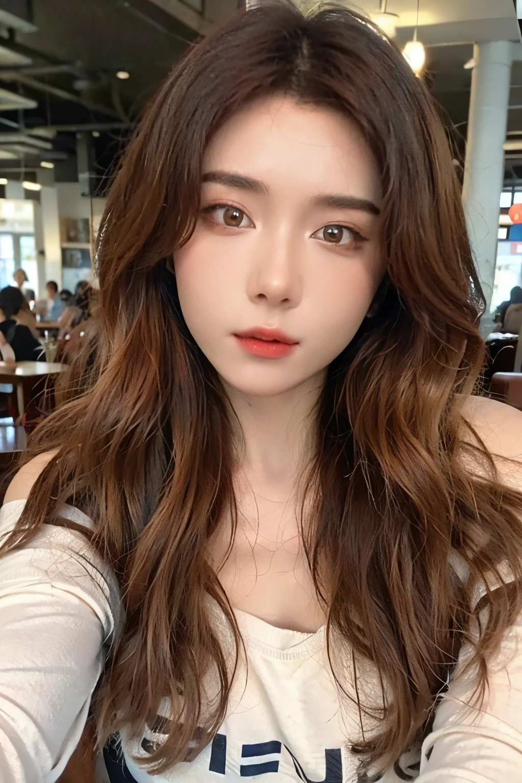 ((Masterpiece, high quality, super detailed, 8k, RAW Photo, hyper-realistic)), 1 woman, very beautiful, long wavy hair, ((brown ombre hair)), Perfect face, thin face, ((lying silkworm eyes)), shinny skin, white long sleeve t-shirt, off shoulder, in modern cafe, look at the camera, slim body, perfect eyes, earings, 35 years-old