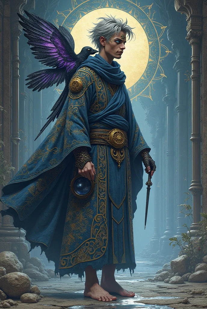 "Create an enigmatic figure, a scholar-engineer with deep blue eyes that have fractal spirals and golden dust. His gaze is a mix of distant stars and the fiery enthusiasm of a Sufi dervish. The face is sharp, minimalist, with a tattoo of a Lorentz attractor on his forehead. His short, messy hair has shades of gray, reminiscent of wind-swept sand dunes. He wears a long, ash-colored robe patterned with endless Mandelbrot fractals, containing hidden Arabic calligraphy, mathematical formulas, and circuit diagrams. On his left shoulder, a mechanical bird sits with holographic wings, symbolizing his ideas, with a futuristic, technological essence. At his waist, a bronze belt displays four symbols: Stoicism (a broken arrow), Sufism (a spinning dervish), Chaos Theory (a butterfly wing), and Artificial Intelligence (a glowing cube). His surroundings are liminal, a mix of an ancient library and a digital data center. The lighting comes from a floating black sphere above his head, radiating purple light, symbolizing his "immortality algorithm." He holds a pen in his left hand (altering the real world) and a virtual reality glove in his right (weaving the virtual world). His feet are bare, and every step creates small puddles of water, each reflecting a different alternate reality. Nearby, there is a broken hourglass, with black sand, representing patience beyond time. The figure should be depicted in a 3/4 view, not a full profile, with a focus on an atmosphere that combines Moebius' linear mystery, Hayao Miyazaki's poetic haze, and the minimalist dystopia of Blade Runner 2049. Use a color palette of deep blues, rusty golds, dusty purples, and deep grays. This character should embody a mystical blend of science, philosophy, and spirituality."