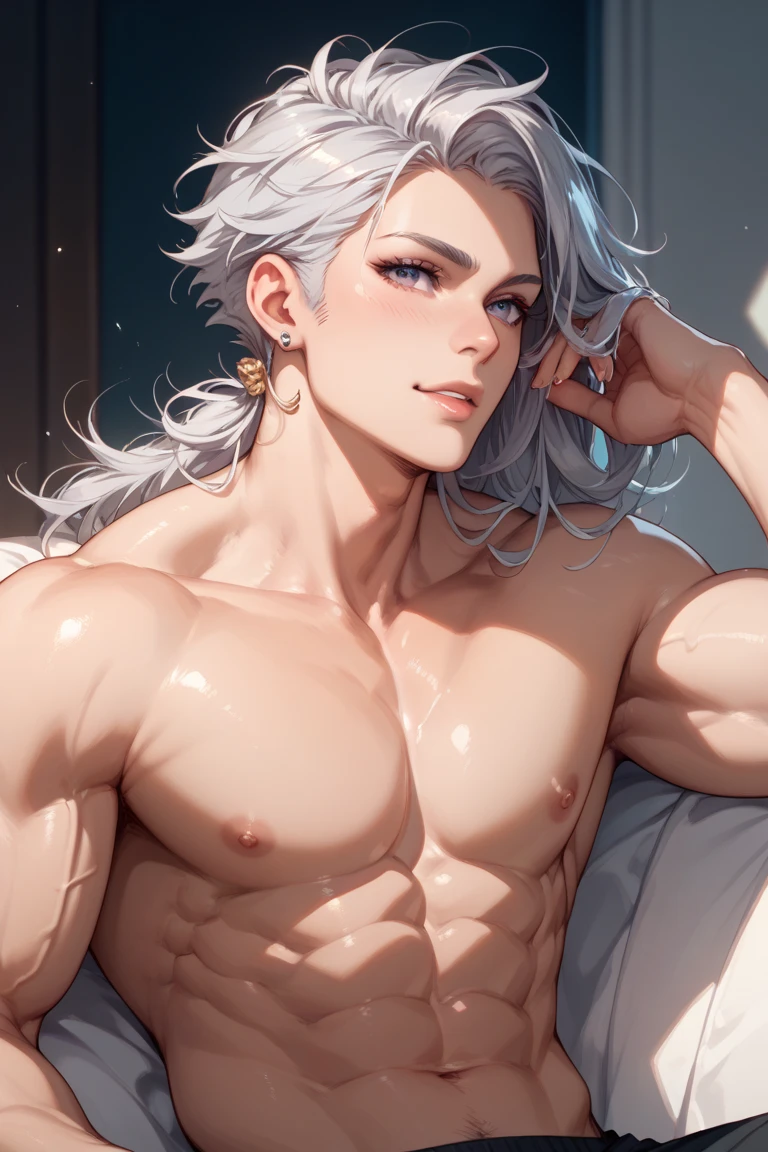 man, masculine, masculine face, attractive, muscular, ((1man)), masterpiece, absurdres, best quality ,intricate details , (shiny skin, shiny body, shiny oily luster skin, shiny hair, pale skintone), Sundown, attractive, ((muscular)), adult, one, ((open chest)), ((no blouse)), earrings, black pants, Don't look at the view , Not looking at the view, purple blue long hair, perfect detailed face, perfect detailed hands, vampire, silver gray eyes, ((MLS)), medium large shoot