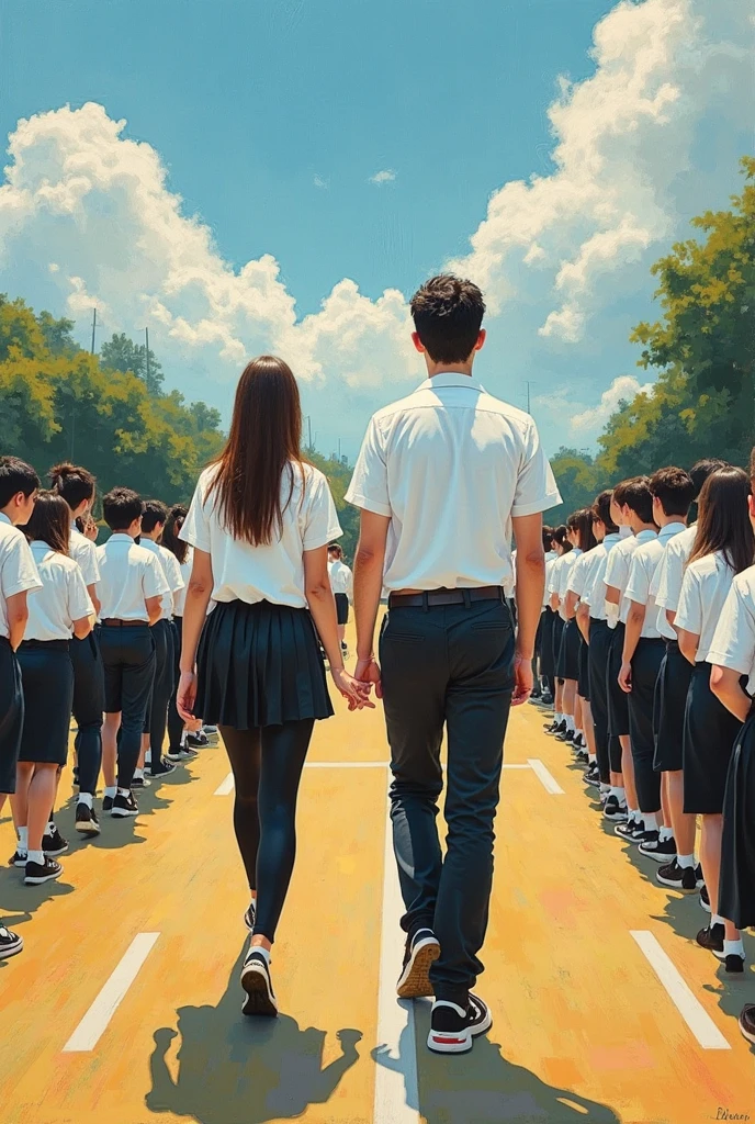 making a painting with the words :“We walked past each other quietly, — as if it had never been anything special.” Here ,I took the car to see T,and T did not stop walking behind the line of students on the sunny school field crowded with white shirts and loud conversations . men's white shirt black pants,women's white blouse black skirt 