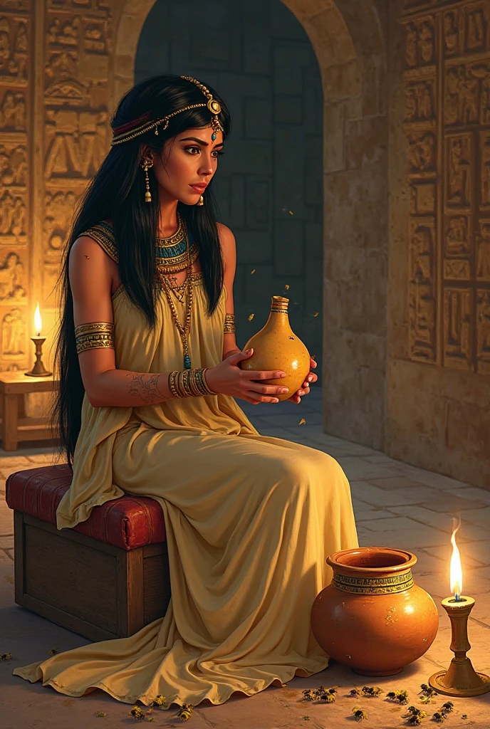a highly eye-catching and slightly sensual high-resolution image of an ancient Egyptian woman preparing a contraceptive mixture with honey. The woman should be fully framed within the image, wearing revealing ancient Egyptian attire with a deep, eye-catching neckline. She is actively mixing a bowl of honey with other ingredients. Ensure the entire figure is visible from head to toe against a simple or neutral background that will be easy to remove. The setting should include subtle hints of ancient Egyptian decor, but the primary focus should remain on the woman. Use warm and dramatic lighting to accentuate her features and create a vibrant, visually appealing image. Render in 4K quality, in the style of artstation trend, cinematic, thriller.