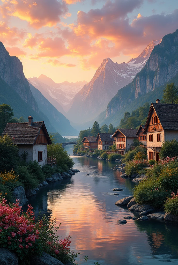 a small village by the river, mountains in the background, floral flowers colorful, detailed landscape, Beautiful natural landscapes, atmospheric lighting, scorching sunset, warm colours, practical, photopractical, Detailed Foliage, complex buildings, cobblestone street, Charming country house, swirly vibrant colors, lush vegetation, Still water reflections, Picturesque, idyllic, work of art, best qualityer, 8k, extremely detaild,anime styling
