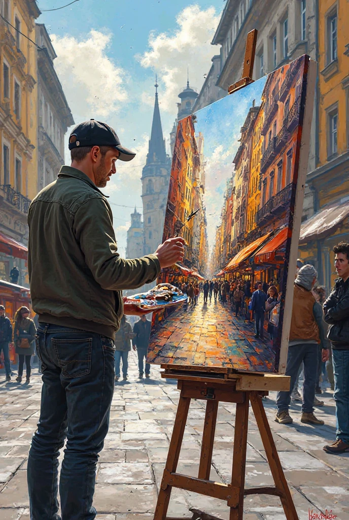 add to this a picture of a man who paints contemporary Warsaw on a platoon