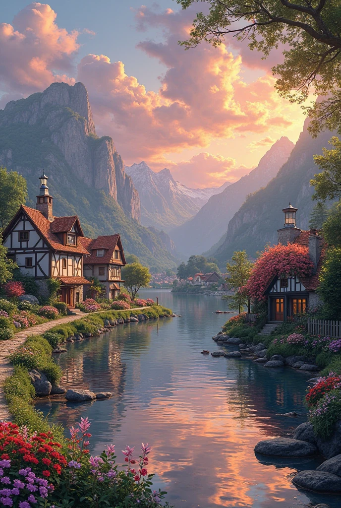 A small village by the river, mountains in the background, colorful flowers, detailed landscape style, beautiful natural scenery, atmospheric lighting,  scorching sunset ,  warm colors, practical, photographic, detailed foliage, complex buildings , cobblestone street, charming country house, vibrant colors, lush vegetation, reflections in the water, pitoresco, idyllic, work of art, Best Quality, 8k, extremely detailed, anime style