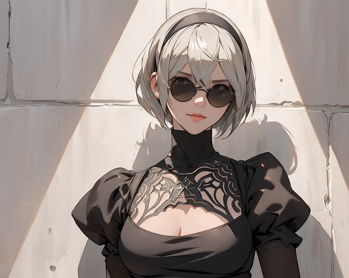 {(masterpiece,best quality, 16K illustration, UHD, extremely detailed the work, detailed beautiful face and eyes and skin and hair)}
BREAK {erotic face,looking away,enchanting smile,profile,cowboy-shot,from below}
BREAK {solo, (2B of Nier-Automa:1.4)), (perfect female body,small breasts),(lightbrown_lightwhite colored hair:1.4, short cut hair), (medium mouth:1.2),(narrow and sharp eyes:1.4,blue-glay eyes,sparkling eyes:1.1)
BREAK {(Nier-Automata-2B costume:1.2),(cleavage between breasts:1.2),(black hairband:1.4)}
BREAK {(small-diameter round darkorange-lens-sunglasses:1.4),(hand on sunglasses:1.4)}
BREAK {(Part of the stucco wall is brick:1.2),(cast a shadow on the wall:1.2),bullet holes in the wall}
BREAK,{(anime illustration style:1),(watercolor image:1.2),(sketch drawing),overall dark color}