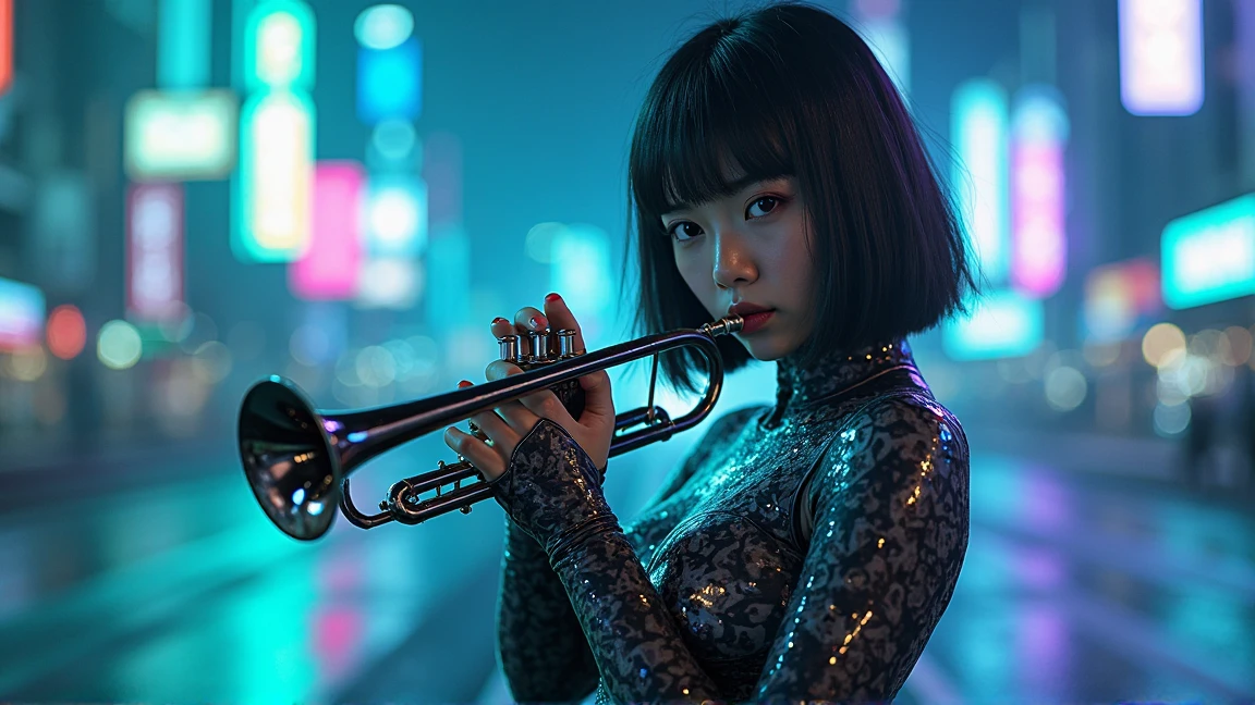 a woman playing a trumpet。Asian、Late 20s。and、wearing a  designed with a geometric pattern。 slightly irritated、 with  material 、has a bluish sheen。has black hair up to the shoulders、 the bangs are slightly hanging over the eyes 。  expressions are 、Slightly serious、Rin々like。slightly toned,、Good proportions。is located slightly to the left in the center、looks straight at the audience。Background、blue and white neon light ripples。Light is 、concentrates on a woman's  and、dramatic The design that creates。The overall style of the work、fantastic atmosphere in cyberpunk style。The important points are、the exquisite design of the  and the beauty of a woman illuminated by blue light。 The overall color usage is 、Based on blue and white、vivid and stylish impression。with a slightly oblique angle from above、highlights the beauty of women。
2087 year、Misty highway、Green and purple neon lights illuminate asphalt。drones flash trance lights、house rhythm echoes。trumpet cases light up on the roadside、the echo of jazz fills the air。distant buildings shine with neon。